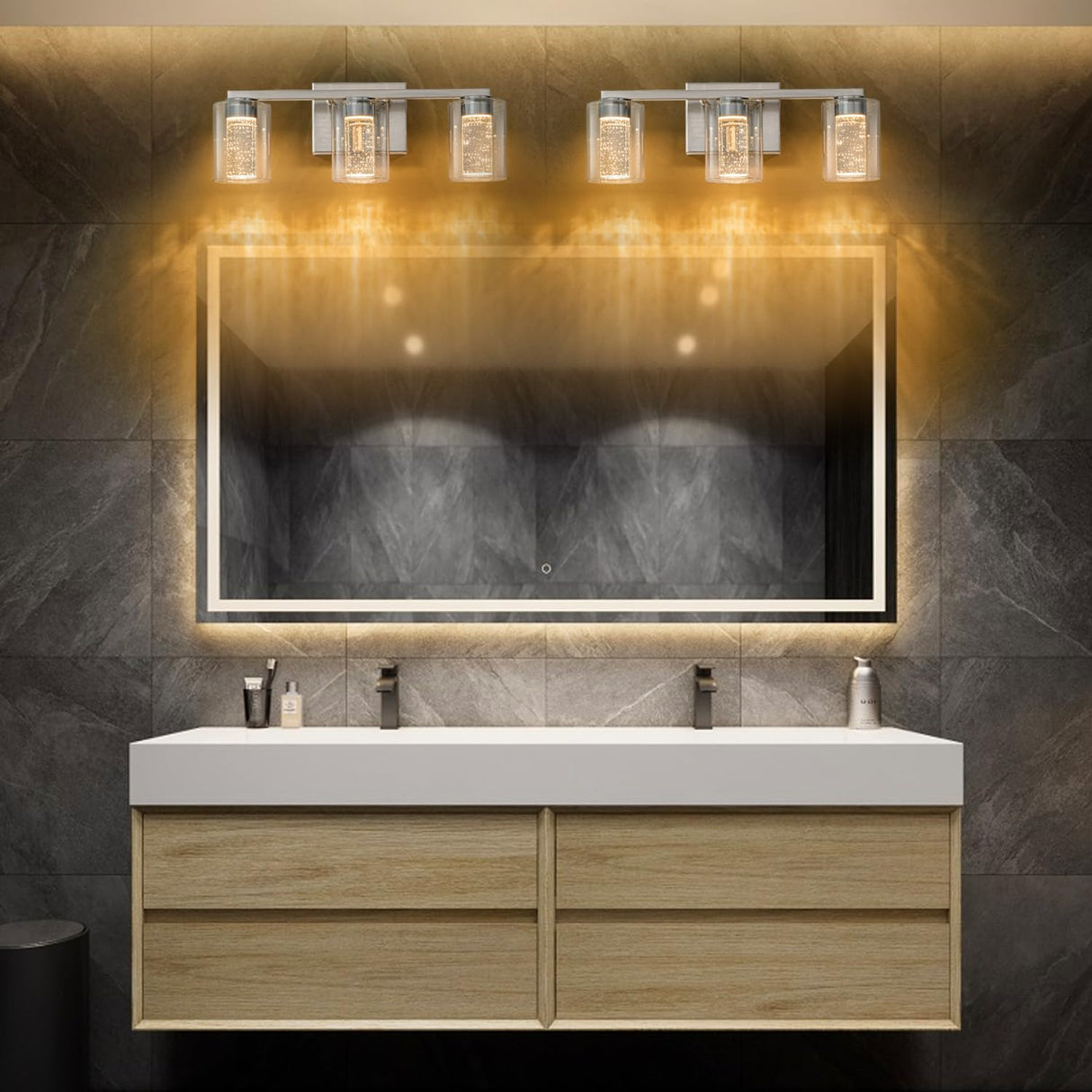 SineRise 3-Light Brushed Nickel Vanity Light with 3 Color Modes (3000K/4000K/6000K), Eye Protection LED Bathroom Light Fixture, Dimmable Modern Wall Light Over Mirror with Clear Glass Shade SineRise