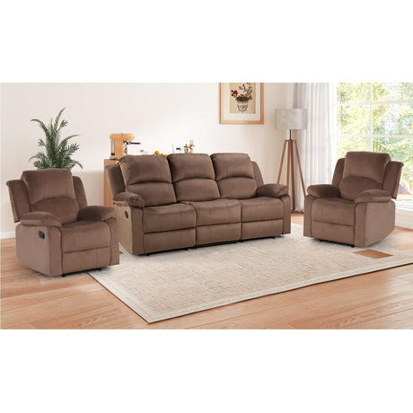 EBELLO Manual Recliner Sofa Set, Modern Microfiber Reclining Couch Furniture Set for Living Room, Includes 2 Recliner Chair and 1 3-Seater Reclining Couch for Home Theater and Office, Brown EBELLO