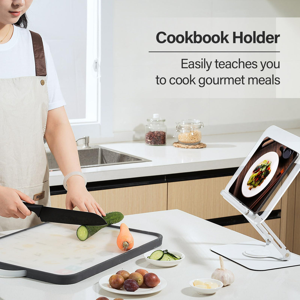 Acrylic Book Stand for Reading, Adjustable Book Holder with 360° Rotating Base & Elastic Page Clips, Foldable Desktop Riser Stand for Cookbook,Laptop,Tablet,Music Scores,Recipe,Textbook BYMECOST