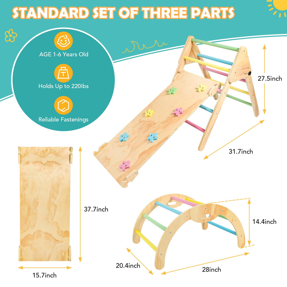 Pikler Triangle Set with Cushion, 7 in 1 Wooden Climbing Toys for Toddlers 1-3 Inside, Toddler Climbing Toys Indoor with Ramp, Arch and Ladder, Montessori Foldable Climbing Set for Toddlers and Kids KAISASA