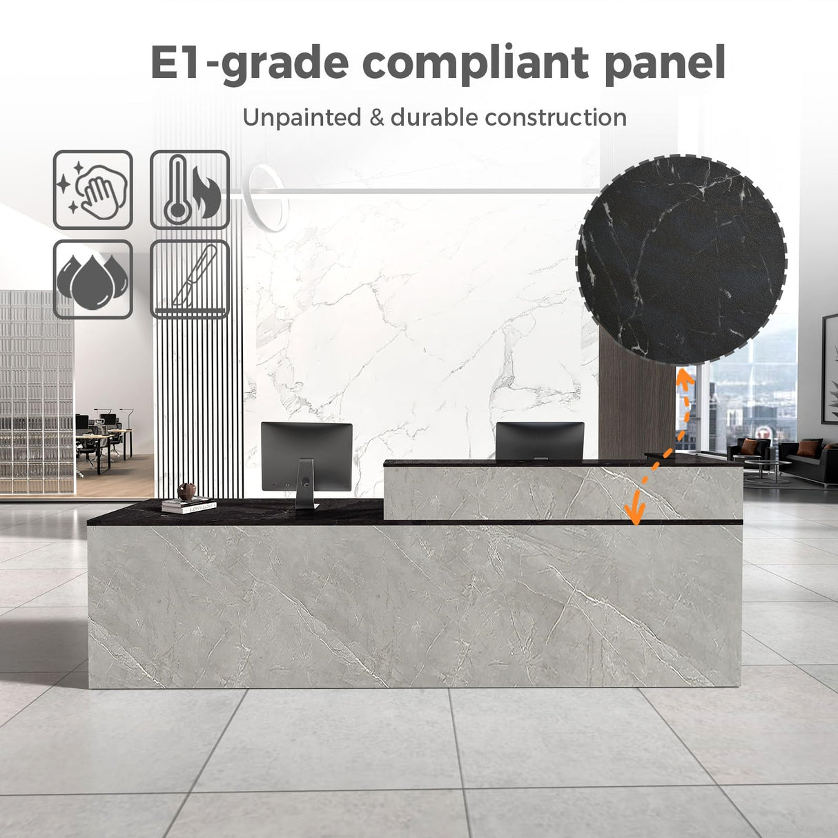 Nuipesn L Shape Reception Desk with Counter, Modern Front Desk Reception Counter with Keyboard Tray, Lockable Drawer and Storage Shelves for Office, Retail, Salon (Gray+Black/Left, 79" L*24" W*39" H) Nuipesn