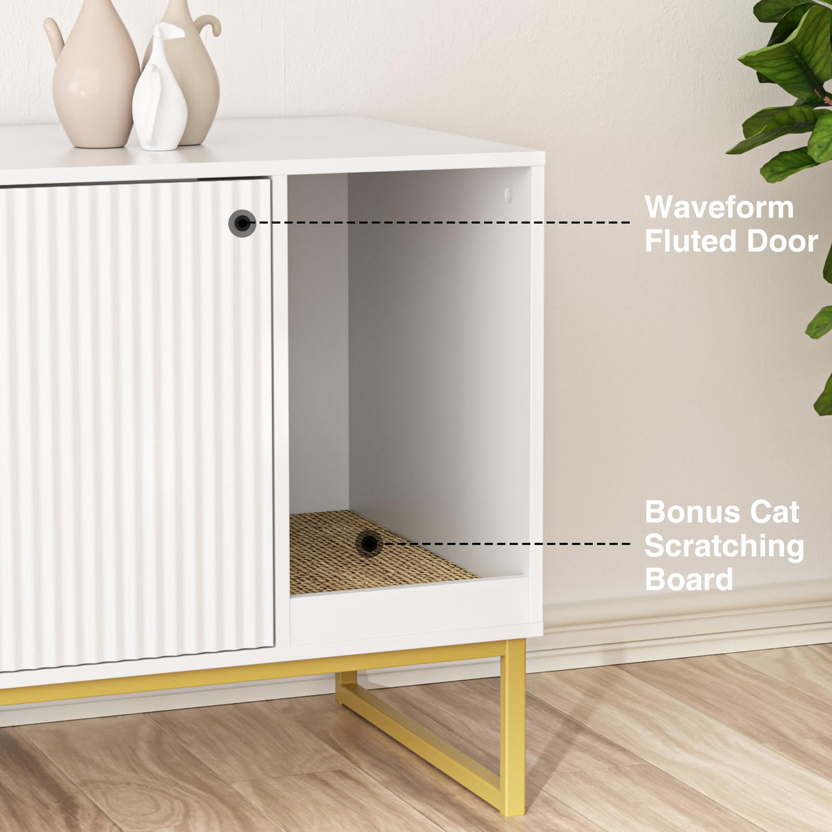 Cat Litter Box Enclosure, Fluted Hidden Litter Box Furniture with Scratch Pad and Metal Legs, Modern Enclosed Cat Cabinet, 31.5 x 17.7 x 21.7 Inches Indoor Pet House for Living Room, Washroom, White FiveWillowise