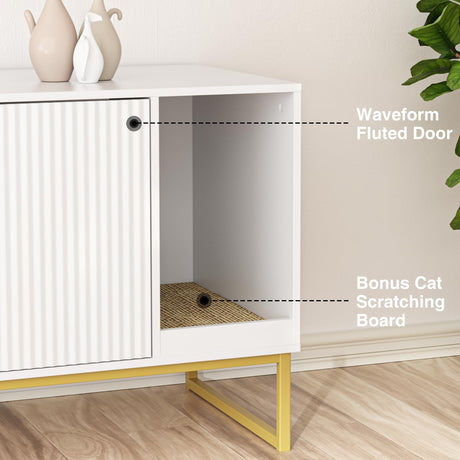 Cat Litter Box Enclosure, Fluted Hidden Litter Box Furniture with Scratch Pad and Metal Legs, Modern Enclosed Cat Cabinet, 31.5 x 17.7 x 21.7 Inches Indoor Pet House for Living Room, Washroom, White FiveWillowise