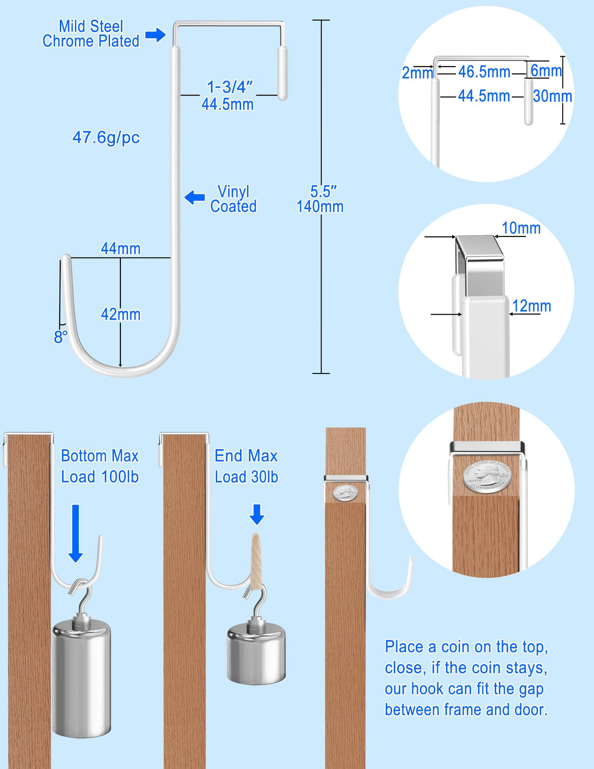 Over The Door Hooks 5.5" 4Pcs for 1 3/4" Door White Plastic Coating Wreath Door Hanger Hook for Hanging Ironing Board Towel Rack Bathroom Closet Cabinet Clothes Coat Holder Single Heavy Duty Mars-Rock