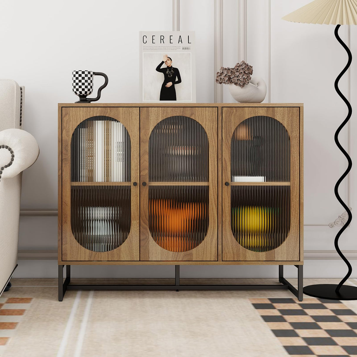 YHAOWORKS Sideboard Buffet Cabinet with Storage - Modern Fluted Glass 3 Doors Accent Storage Cabinet with Metal Legs, Wood Credenza for Living Room (Walnut 1PC) YHAOWORKS