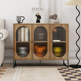 YHAOWORKS Sideboard Buffet Cabinet with Storage - Modern Fluted Glass 3 Doors Accent Storage Cabinet with Metal Legs, Wood Credenza for Living Room (Walnut 1PC) YHAOWORKS