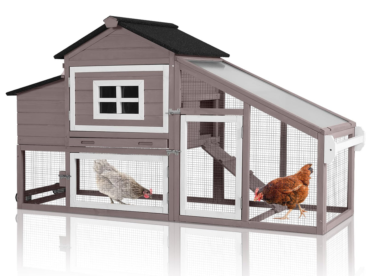 MEDEHOO Chicken Coop Expandable Chicken House for Outdoor with Wheels Nesting Box, Leakproof Pull-on Tray, and UV-Resistant Roof Panel - Brown MEDEHOO