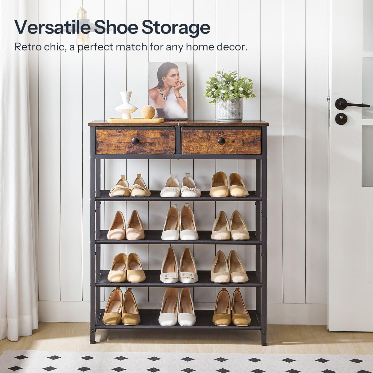 HOOBRO Shoe Rack, 5 Tier Shoe Storage Organizer with 2 Non-Woven Drawers, 12-16 Pairs of Shoes for Entryway, Shoe Shelf with 4 Oxford Fabric Shelves and Wooden Top, Closet, Rustic Brown BF78XJ01 HOOBRO