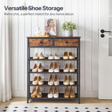 HOOBRO Shoe Rack, 5 Tier Shoe Storage Organizer with 2 Non-Woven Drawers, 12-16 Pairs of Shoes for Entryway, Shoe Shelf with 4 Oxford Fabric Shelves and Wooden Top, Closet, Rustic Brown BF78XJ01 HOOBRO