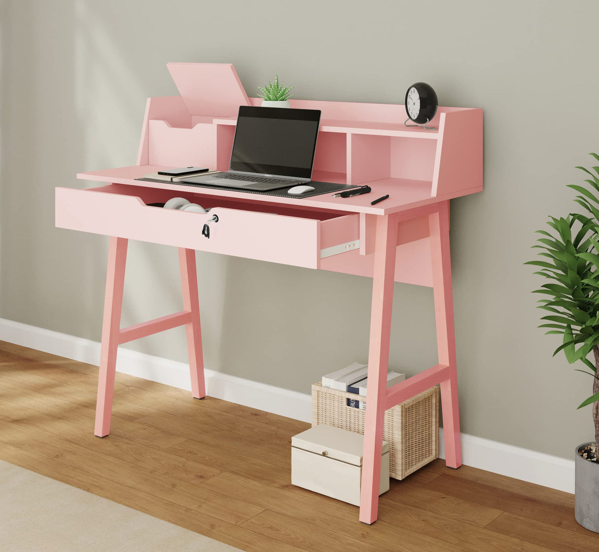 Modern Designs by Crafts and Comfort Roma Elegant Writing Desk - with Storage, Cable Holes & Drawers - Great for use as Workstation and Writing for Students in Bedroom or Dormroom - Pink 40x19x37 Modern Design By Crafts & comfort