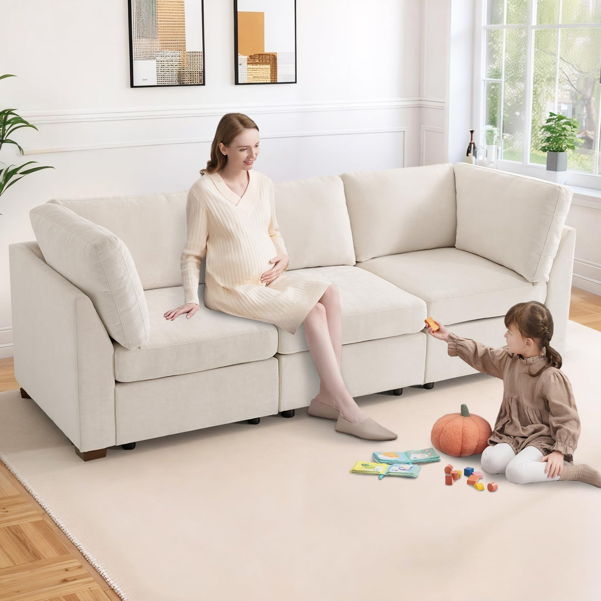 WARM HARBOR Oversized Modular Sectional Fabric Sofa Set, Large L Shaped Mordern Sofa Couch Reversible Chaise Modular Sectional Couches, 96 inch Width,3 Seat Modular Sofas, Beige,Linen WARM HARBOR