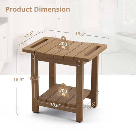LUE BONA HDPS Shower Bench Seat with Shelf, Brown Shower Stool for Inside Shower Waterproof, Bath Shower Stool Chair for Spa Bathroom, Weather Resistant/Non-Slip/Handles/Indoor or Outdoor Us LUE BONA
