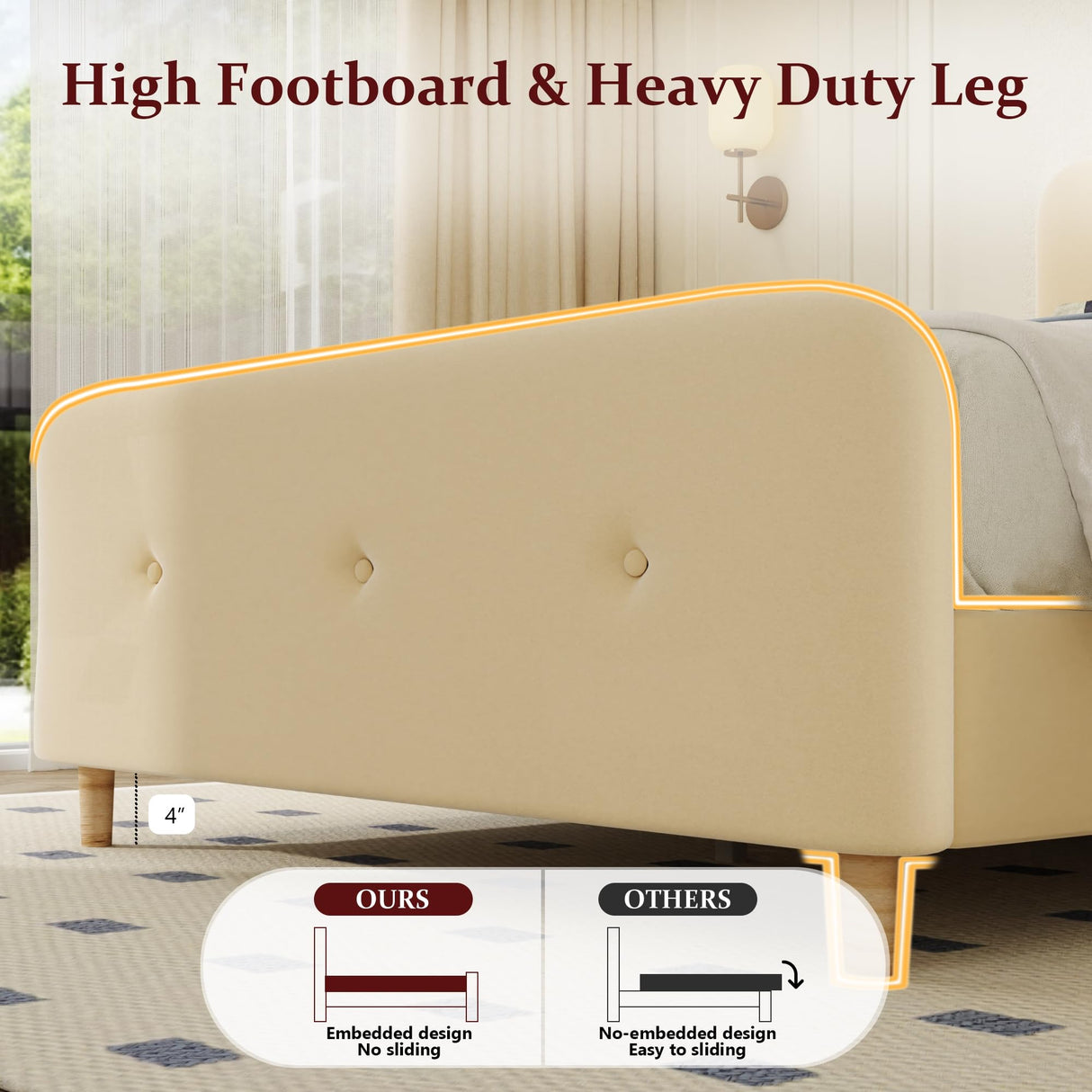 Queen Size Platform Bed Frame with Velvet Upholstered Headboard, Button Tufted Headboard and Footboard, Anti-Collision Soft Rounded Corners, No Box Spring Needed, Easy Assembly, Beige viplov