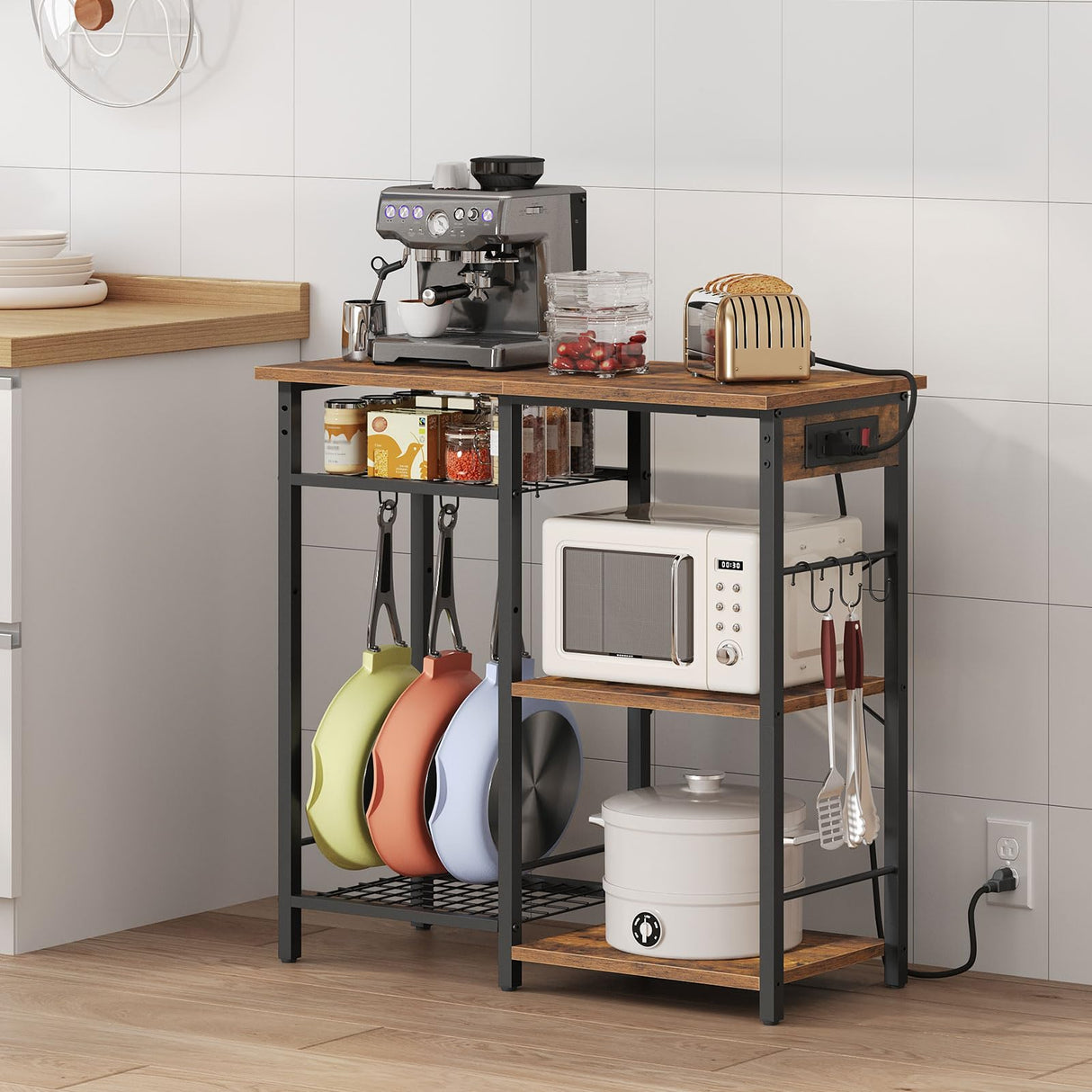 MAHANCRIS Bakers Rack with Power Outlet, Microwave Stand with Adjustable Mesh Rack, Coffee Bar Station, Kitchen Storage Racks with 6 S Hooks, for Kitchen, Dining Room, Rustic Brown and Black BRHR80E01 MAHANCRIS