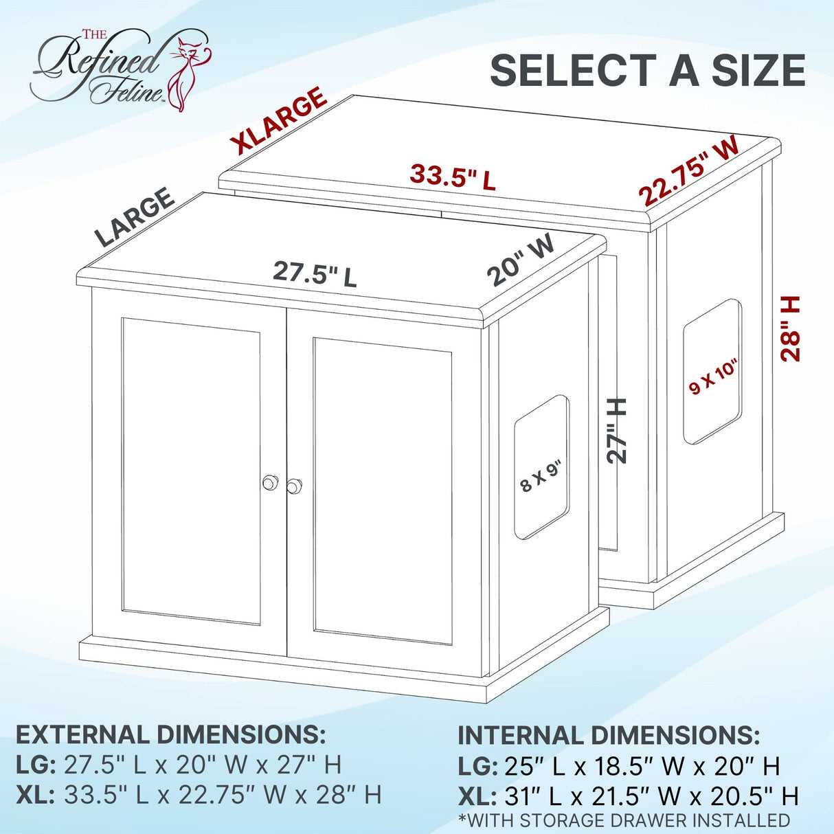 THE REFINED FELINE Cat Litter Box Enclosure Cabinet, Modern, White, Adjustable Levelers, Large, Hidden Litter Cat Furniture with Drawer THE REFINED FELINE