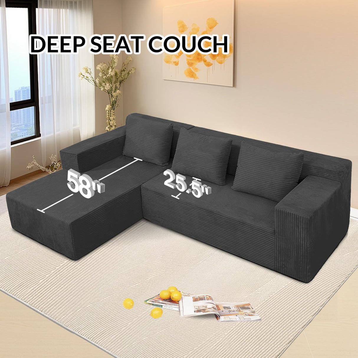 ANONER 103" Modular Sectional Sofa, L-Shaped Cloud Couch with Chaise, Corner Sofa with Deep Seat, Modern Minimalist Boneless Couch, Sectional Couches for Living Room, Apartment (Dark Grey) ANONER