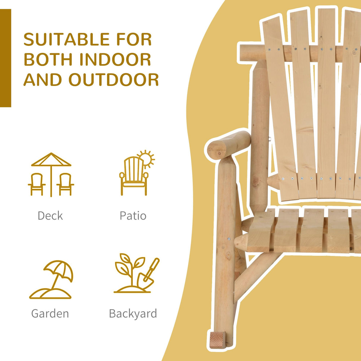 Outsunny Outdoor Wooden Rocking Chair, Single-Person Rustic Adirondack Rocker with Slatted Seat, High Backrest, Armrests for Patio, Garden and Porch, Natural Outsunny