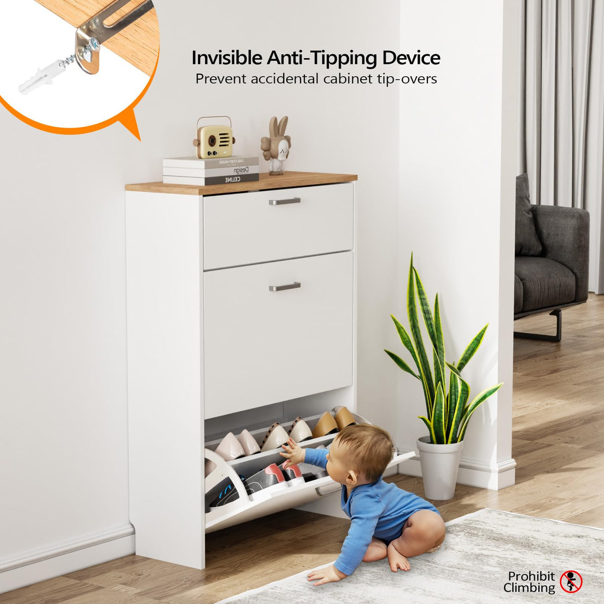 VINGLI Shoe Cabinet Storage for Entryway Slim, Narrow Shoe Cabinet for Front Door Entrance,Entryway Modern White Wood Shoes Rack Organizer for Closet,Freestanding Rack with 2 Flip &1Drop-Down Drawers VINGLI