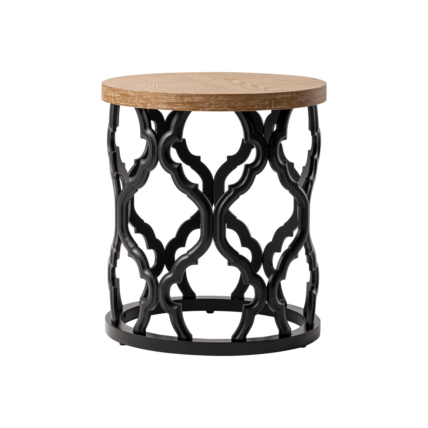 COZAYH Farmhouse End Table, Distressed Wood Top Side Table with Curved Motif Frame Base for Modern, Rustic, Round, Black