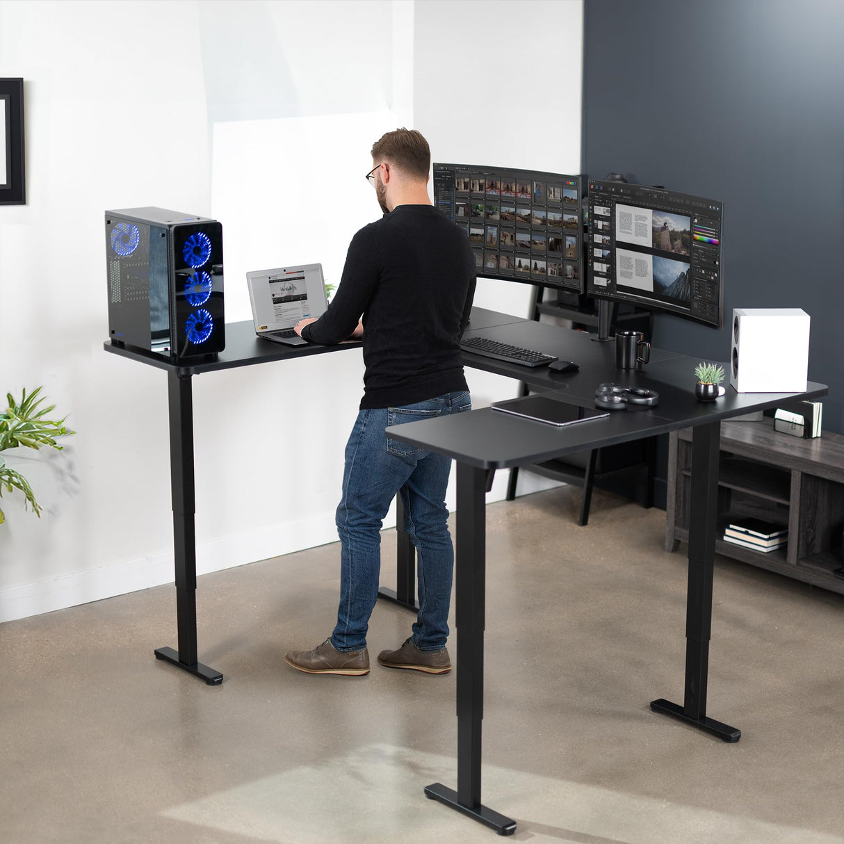 VIVO U-Shaped Electric 83 x 60 inch Memory Stand Up Desk, Height Adjustable Large Corner Standing Workstation, Black Table Top, Black Frame, VIVO