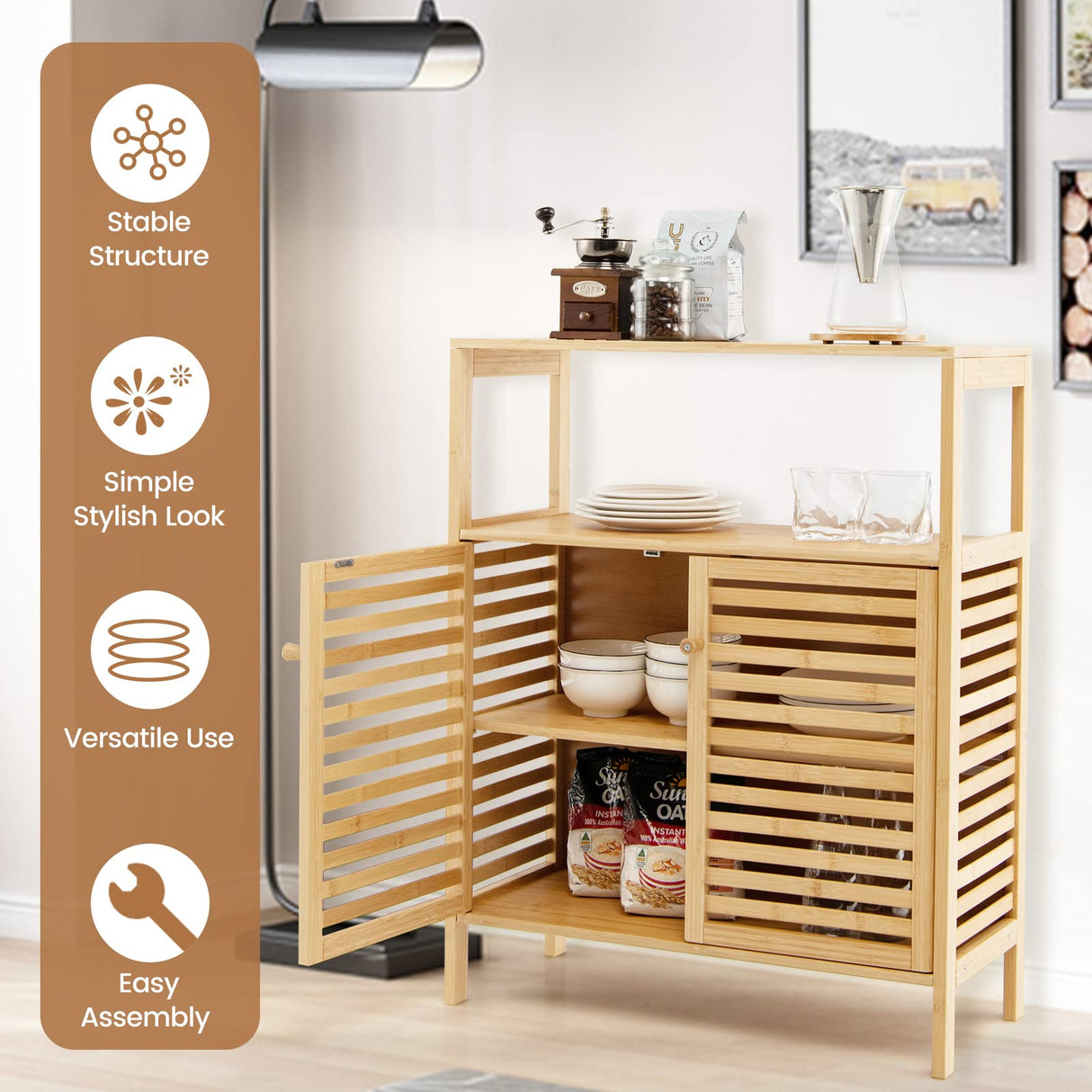 COSTWAY Bamboo Bathroom Cabinet, Freestanding Storage Cabinet Organizer with Louver Doors & Removable Shelf, Bathroom Floor Cabinet for Living Room, Kitchen, Entryway, Natural COSTWAY