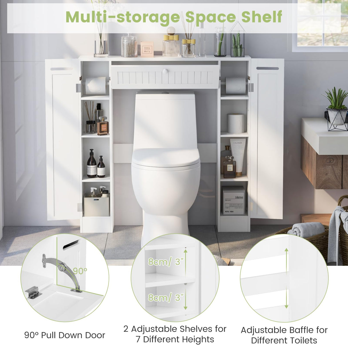 Giantex Over The Toilet Storage Cabinet with 2 Doors and Adjustable Shelves, Space-Saving Rack Bathroom Shelf with Paper Holder, Freestanding Bathroom Storage Over The Toilet for Small Space, White Giantex