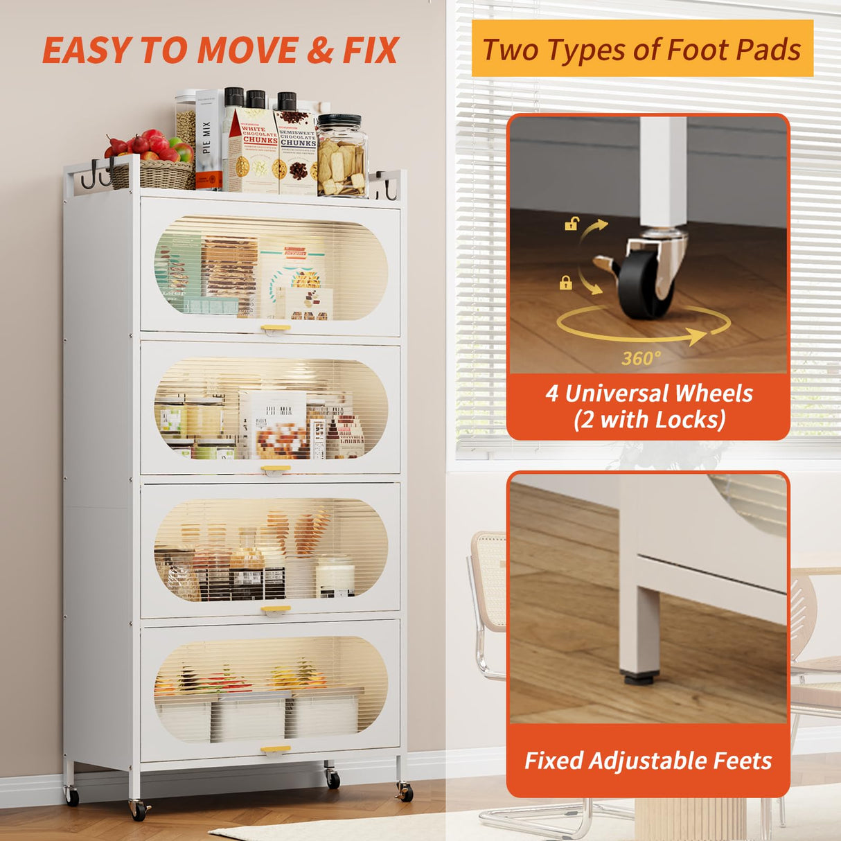 5-Tier Kitchen Pantry Storage Cabinet with Flip-up Doors, Metal Freestanding Cabinet with 4 Rooling Wheels, Bakers Rack with Storage Cabinet for Dining Study Kitchen Living Room (White) Dyoung