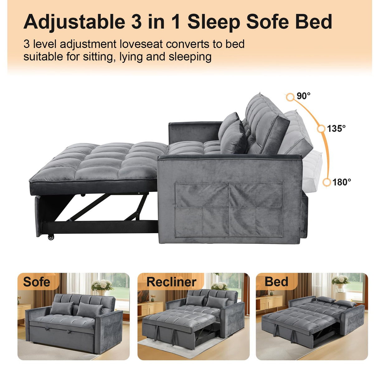 3 in 1 Convertible Sleeper Sofa Bed, Modern Velvet Loveseat Pull-out Sofa Couch w/Pullout Bed, Small Love Seat Lounge Sofa w/Reclining Backrest,Toss Pillows, Pockets, for Living Room (Grey, 55.1) CAPCAEK