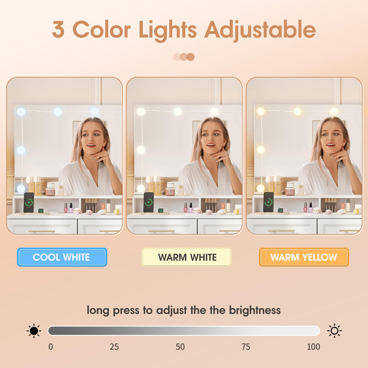 Vabches Large Makeup Vanity Desk, 47" White Vanity Table with Mirror and Lights, 3 Modes Adjustable Brightness and Jewelry Cabinet, Glass Top Vanity with Power Outlet and 7 Drawers for Bedroom Vabches