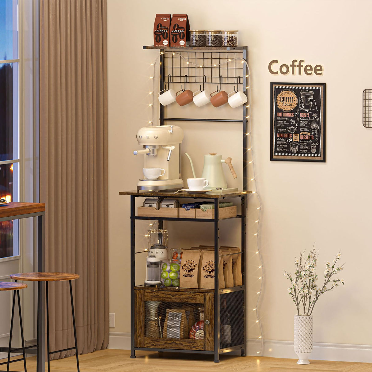 5-Tier Coffee Bar Cabinet with Visual Door, Small Kitchen Microwave Stand with 5 S-Shaped Hooks, 57.87”H Tall Bakers Rack with Storage Cabinet, Small Coffee Bar for Kitchen Living Room- Rustic Brown Hayexiha