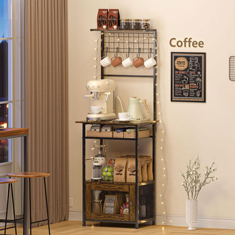 5-Tier Coffee Bar Cabinet with Visual Door, Small Kitchen Microwave Stand with 5 S-Shaped Hooks, 57.87”H Tall Bakers Rack with Storage Cabinet, Small Coffee Bar for Kitchen Living Room- Rustic Brown Hayexiha