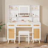 LUXOAK 47" Makeup Vanity Desk with LED Light Mirror & Rattan Design, Vanity Table with Adjustable Large Storage Cabinet for Bedroom Bathroom, Stool Included, White LUXOAK