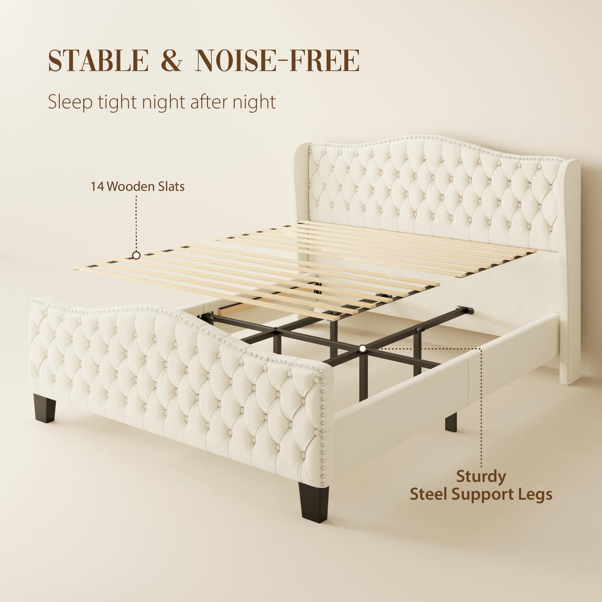 SwnftWinnt King Size Bed Frame with Tall Headboard Upholstered Bed Frame King Platform Bed Luxury Wingback Headback No Box Spring Needed, Mattress Foundation, Easy Assembly-Beige SwnftWinnt