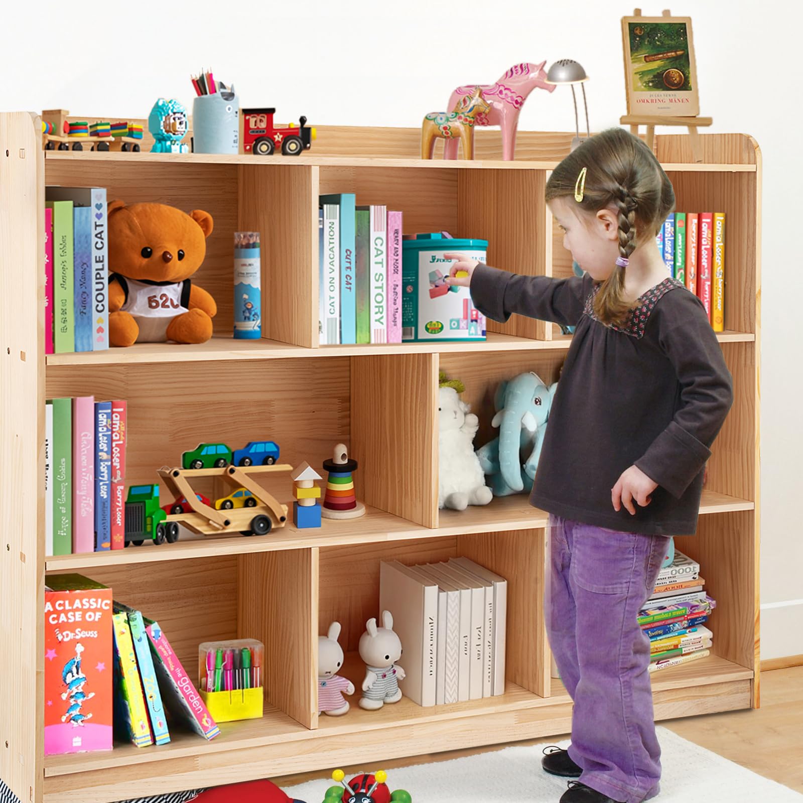 ZBPRESS 8-Compartment Natural Pine Wood Kids Storage Cabinet and Bookshelf - WoodArtSupply