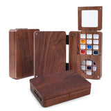 Fuumuui Travel Watercolor Palette 24 Grids Foldable with 2pcs Sable Travel Watercolor Brushes, Portable Walnut Wood Palette Box for Plein Air Painting Fuumuui