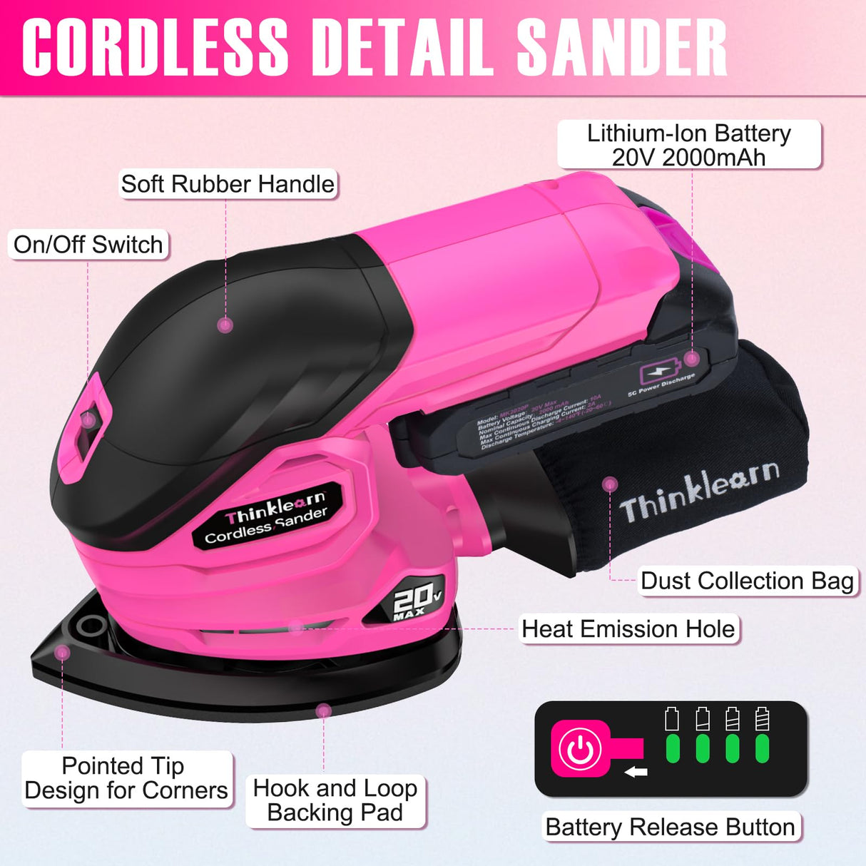 Cordless Detail Sander - 20V Electric Hand Sander with 22Pcs Sandpapers, 12000 RPM Mouse Sander with Dust Bag, Compact Palm Sander Tool for Tight Spaces Woodworking, 2.0Ah Battery and Charger Included ThinkLearn