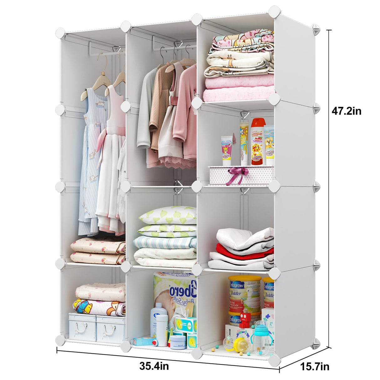 VIPZONE Baby Closet,Dresser, Kids Closet Organizers, Portable Kids Wardrobe for Closet, Bedroom, Nursery, Cubby, Cabinet, Clothes, Dress, Baby Storage Shelf, Armoire Clothes Hanging (12 Cube, White) VIPZONE