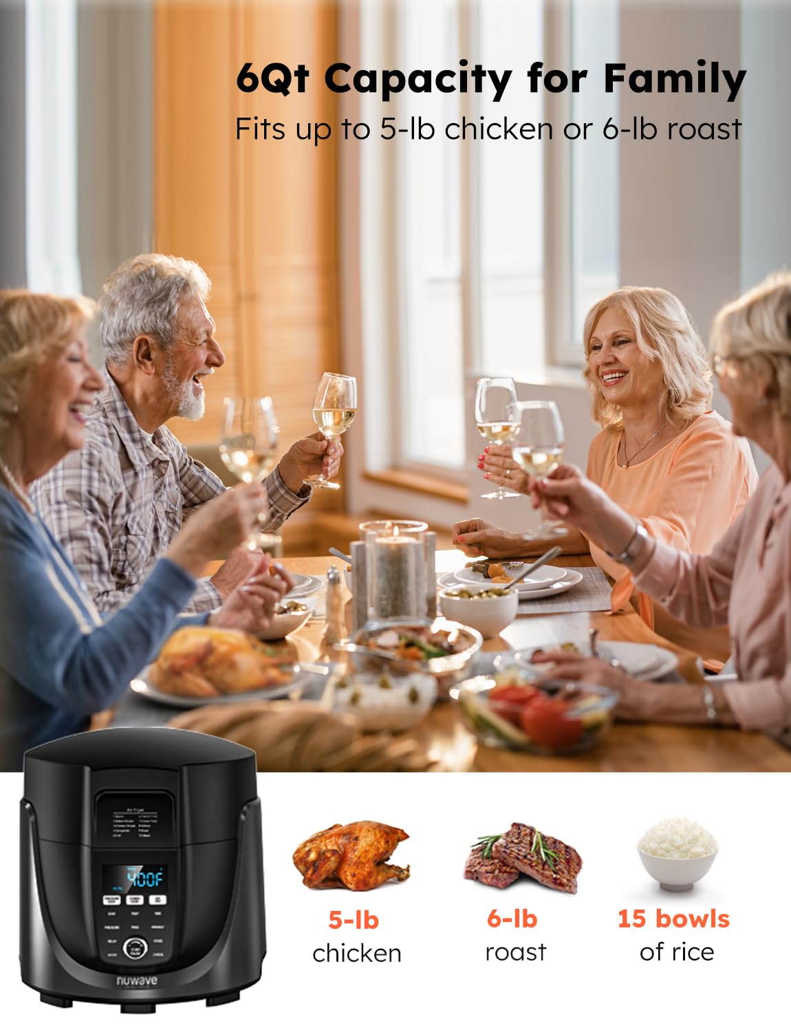 Nuwave Duet Air Fryer and Electric Pressure Cooker Combo with 2 Switchable Lids, 300 FoolProof One-Touch Presets, Crisp&Tender Tech, 6QT Heavy-duty Stainless Steel Pot, 15+ Safety Features Nuwave