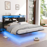 VINGLI King Size Floating Bed Frame with LED Lights and Charging Station, Cozy Hidden Storage Velvet Upholstered Headboard,No Box Spring Needed,Easy Assembly,Black VINGLI