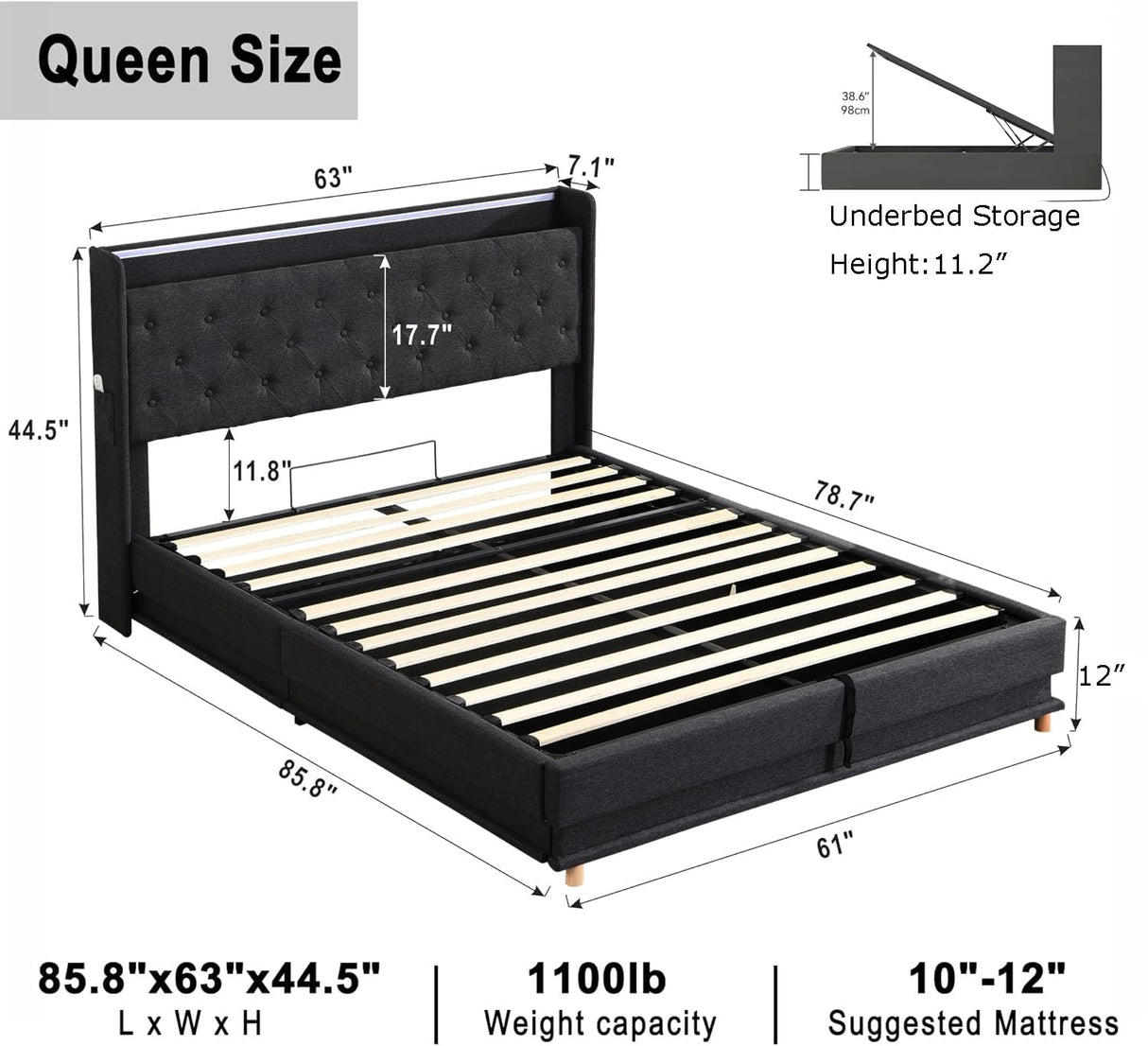 Ailisite Queen Lift-Up Storage Bed with Tufted Wingback Headboard and USB Charging Station, Black Upholstered Design Ailisite