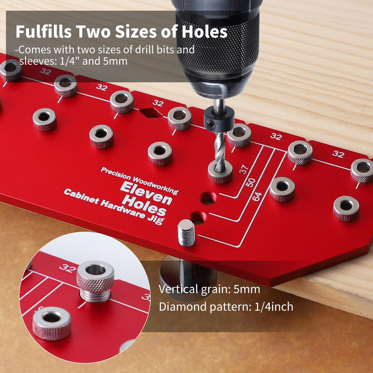 RUITOOL Shelf Pin Jig 11 Holes, Self-contained Clamping Function All Metal Shelf Pin Drilling Jig with 1/4" and 5mm Drill Bit, Shelf Hole Jig and Cabinet Hardware Jig Tool Drill Guide with Storage Bag RUITOOL