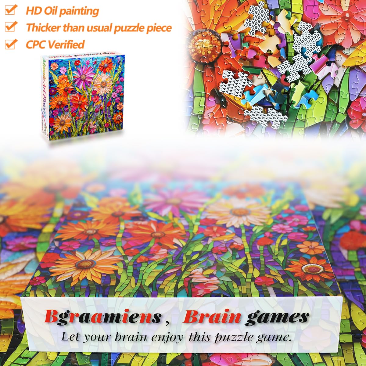Bgraamiens Puzzle-Mosaic Art Flowers-1000 Pieces Mosaic Art Paper Puzzle for Adults, Stained Glass Art Puzzle with Flowers, Impossible Puzzle Color Challenge Flowers Puzzle for Adults Bgraamiens