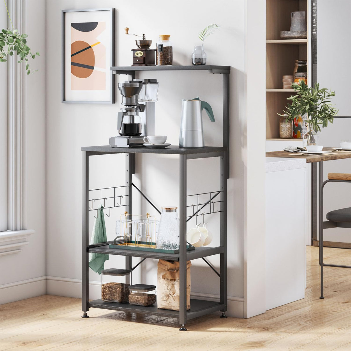Bestier 4-Tier Black Kitchen Bakers Rack with Pull-Out Shelf & Hooks on Wheels Bestier