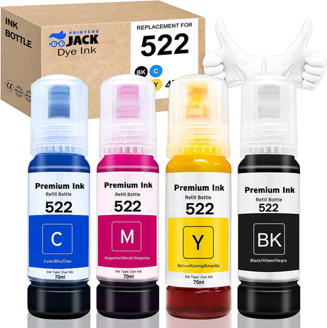 Printers Jack Compatiable Epson T522 Refill Ink Bottle Kit for Epson Supertank ET-2800 ET-4700 ET-4800 ET-2710 ET-2720, ET-2803 Printer, 4 Packs Printers Jack