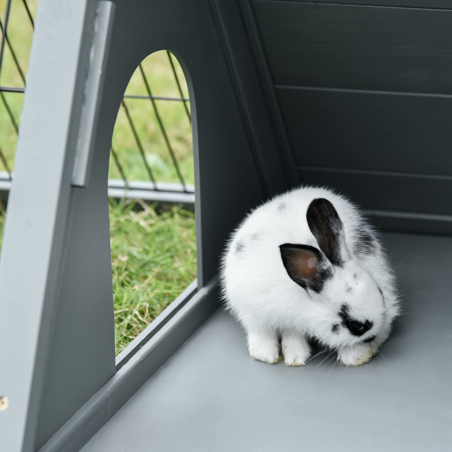 PawHut 46" x 24" Wooden A-Frame Outdoor Rabbit Cage Small Animal Hutch with Outside Run & Ventilating Wire, Gray - WoodArtSupply