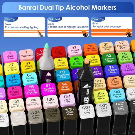 Banral 60 Colors Alcohol Markers Set, Dual Tip Alcohol Based Art Marker for Artists Kids Adult Coloring, Permanent Illustration Sketch Pens for Drawing with Case and Holders Banral