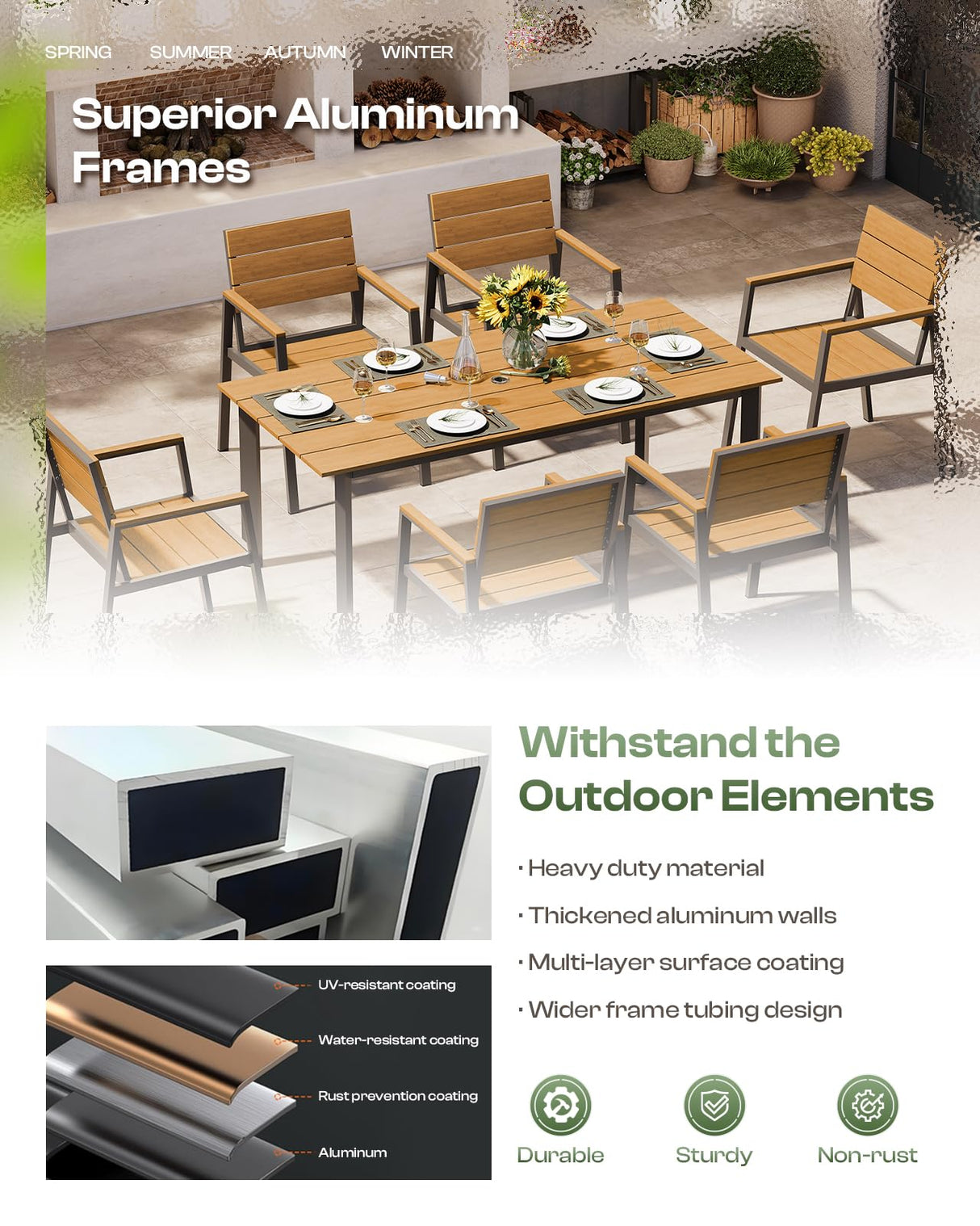 Oasbira Outdoor Dining Set for 6, Outdoor Table and Chairs Set with Umbrella Hole, Patio Dining Sets, 7 Pieces HDPS Outdoor Furniture Sets for Patio, Garden, Backyard (Gray & Teak) Oasbira