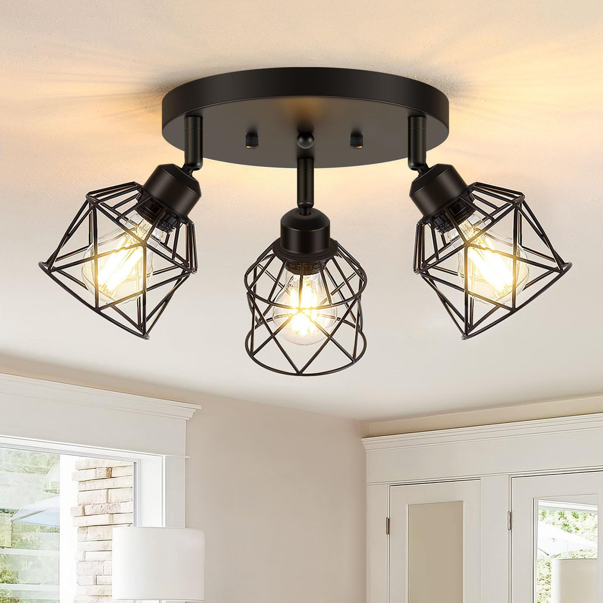 Baocuz 3-Light Kitchen Flush Mount Ceiling Light, Adjustable Multi-Directional Ceiling Light Fixture, Farmhouse Black Metal Cage Close to Ceiling Lamp for Dining Room Bedroom Hallway Baocuz