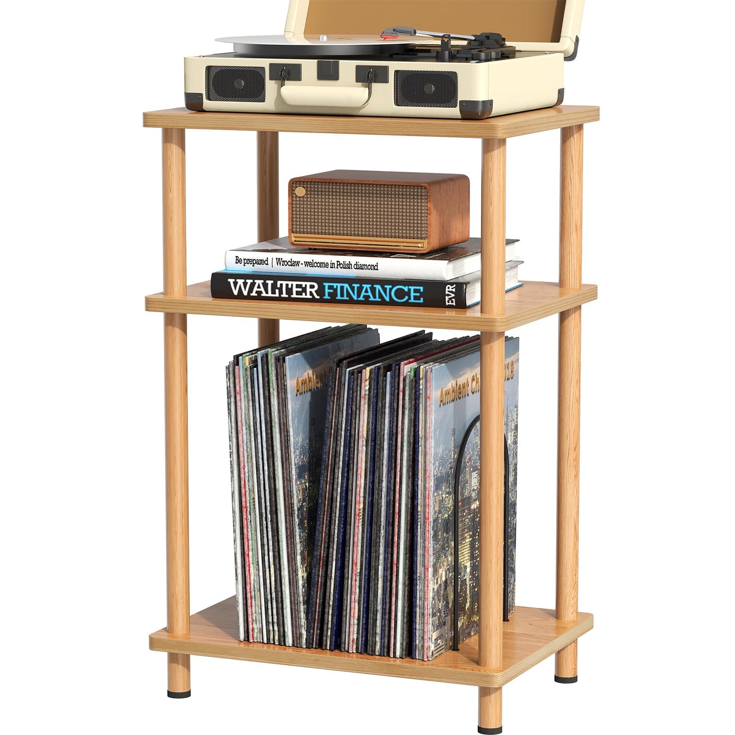 Apicizon Record Player Stand, 3-Tier End Table with Vinyl Record Storage Shelf, Wooden Record Player Table with Adjustable Holder, Small Turntable Stand for Living Room, Bedroom, Natural