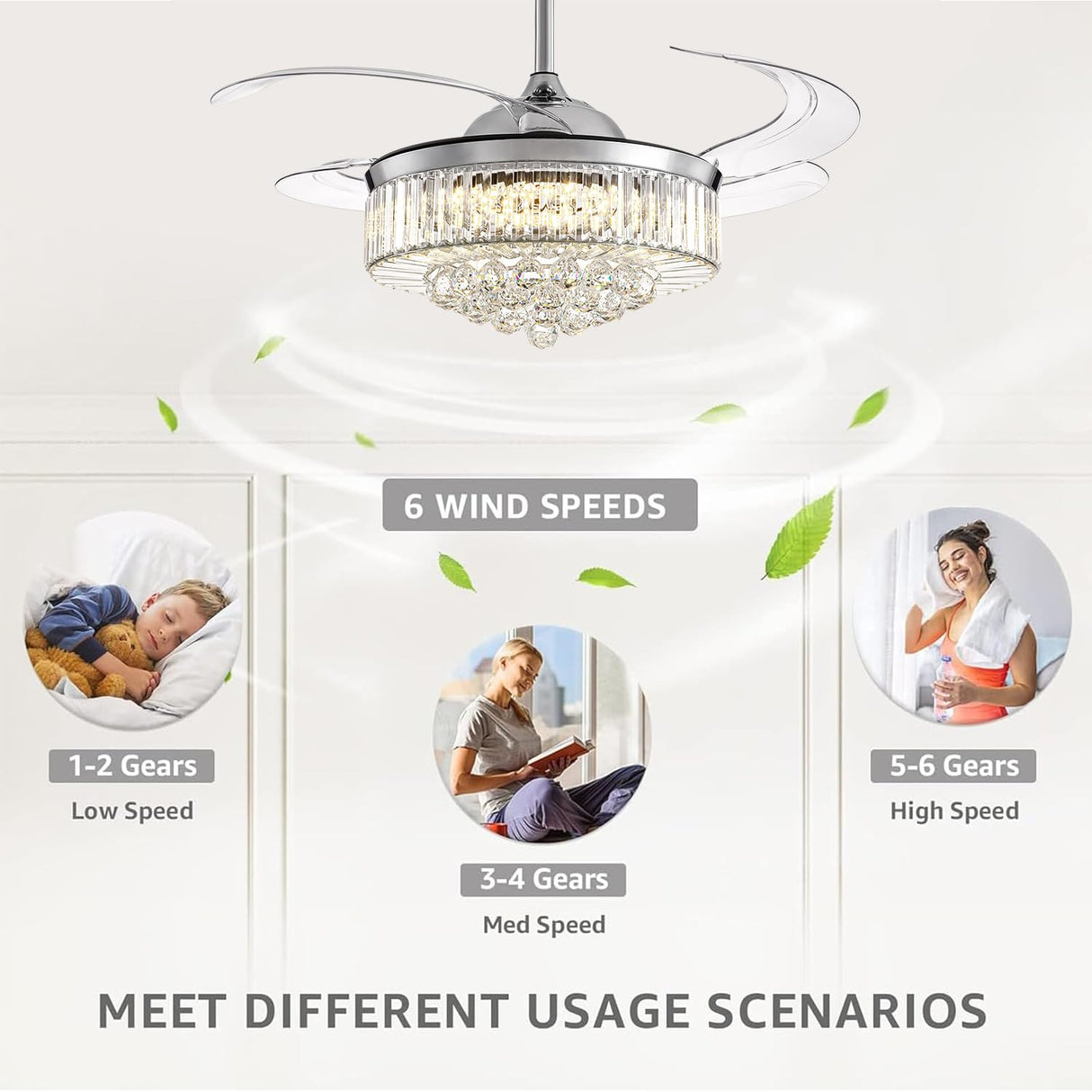 NOXARTE 48 Inch Crystal Chandelier Ceiling Fan with Light Fandelier Ceiling Fan with Light Retractable Blades Fan with Remote Control 48" Dimmable Fandelier for Bedroom Living Room NOXARTE